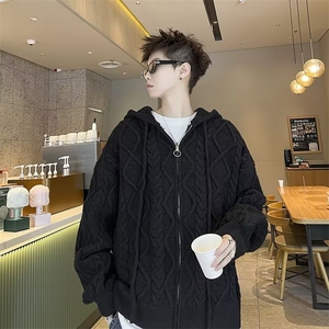 秋冬加厚慵懒风休闲情侣针织衫男女外套连帽开衫毛衣 M5710图片