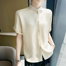 新中式新款醋酸缎面白色短袖衬衫女T恤夏立领小西装内搭上衣衬衣，女装T恤，九戎