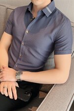 夏装新款男织带条纹衬衫男修身英伦短袖衬衣DC06/P55，男装T恤，电商A213