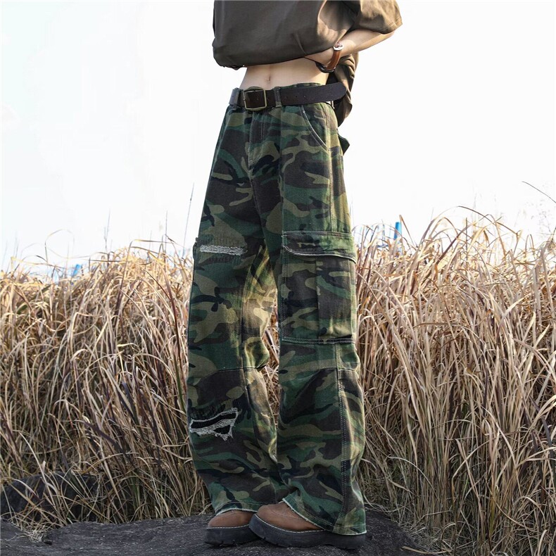 美式高街迷彩多口袋破坏设计直筒微喇牛仔裤男女百搭长裤潮-X6041，男装牛仔裤，星座813-2