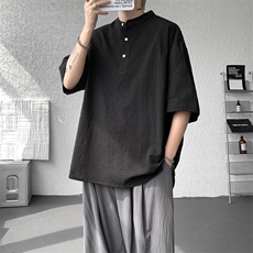 8XL-M中式立领棉麻T恤特大码亨利领亚麻短袖polo衫半袖DX1210/P45，男装T恤，电商B238