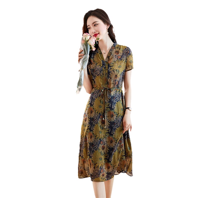 吾爱衣2313款碎花连衣裙女夏季新款系带收腰印花中长裙子,女装连衣裙,吾爱衣