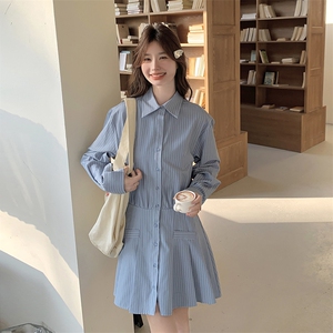韩系竖条纹长袖衬衫连衣裙女2025秋新款学院风气质高腰显瘦a字裙图片
