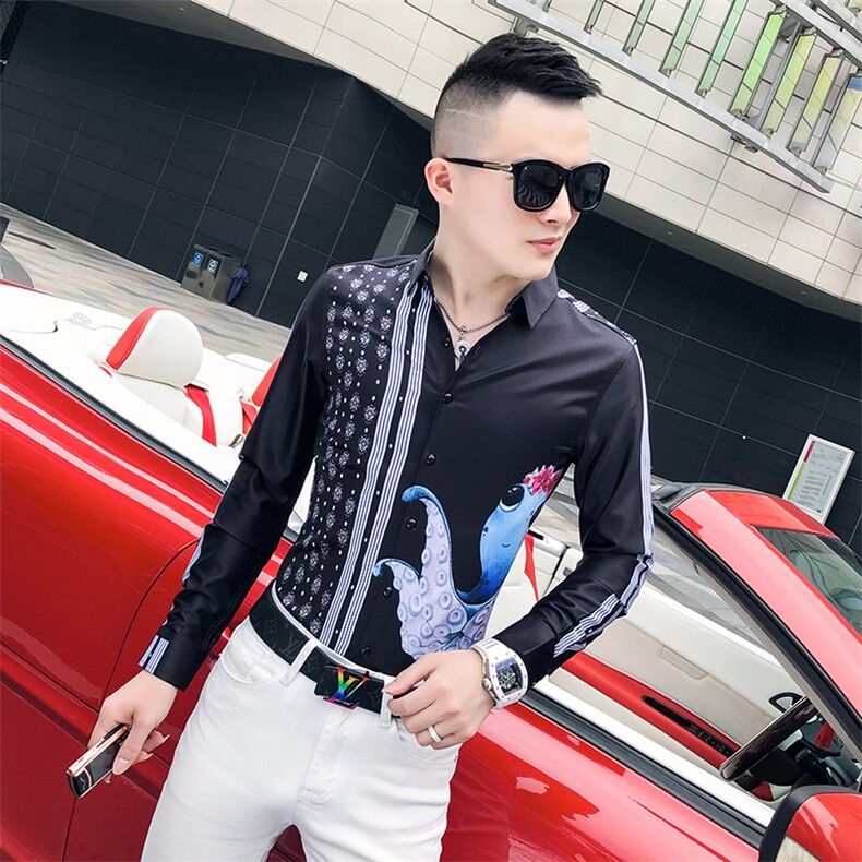 2021春秋衬衫社会男长袖上衣印花男装韩版修身四季潮流衬衣Q631-P55,男装衬衫,星座419（原A233）