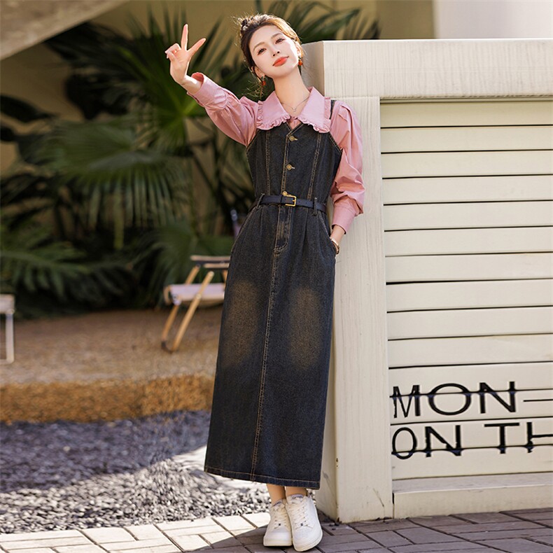 2025春季休闲气质收腰花边翻领衬衫牛仔背心裙套裙时尚套装两件套，女装套装/套裙，美静678