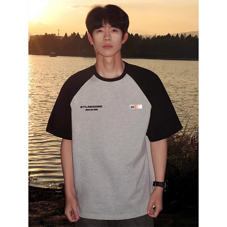 抖音得物高品质二开240克宽松纯棉美式潮牌插肩袖拼接短袖T恤，男装T恤，电商A486