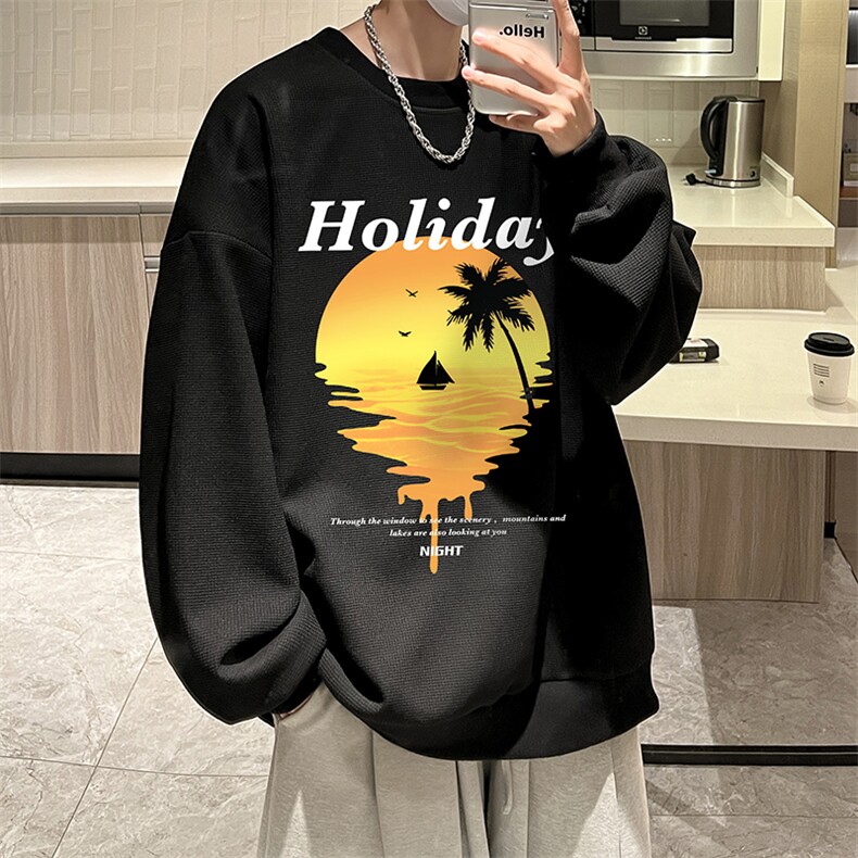 华夫格卫衣圆领卫衣男大码长袖t恤男外套HW76266-P30加绒款-P40,男装卫衣,电商A040