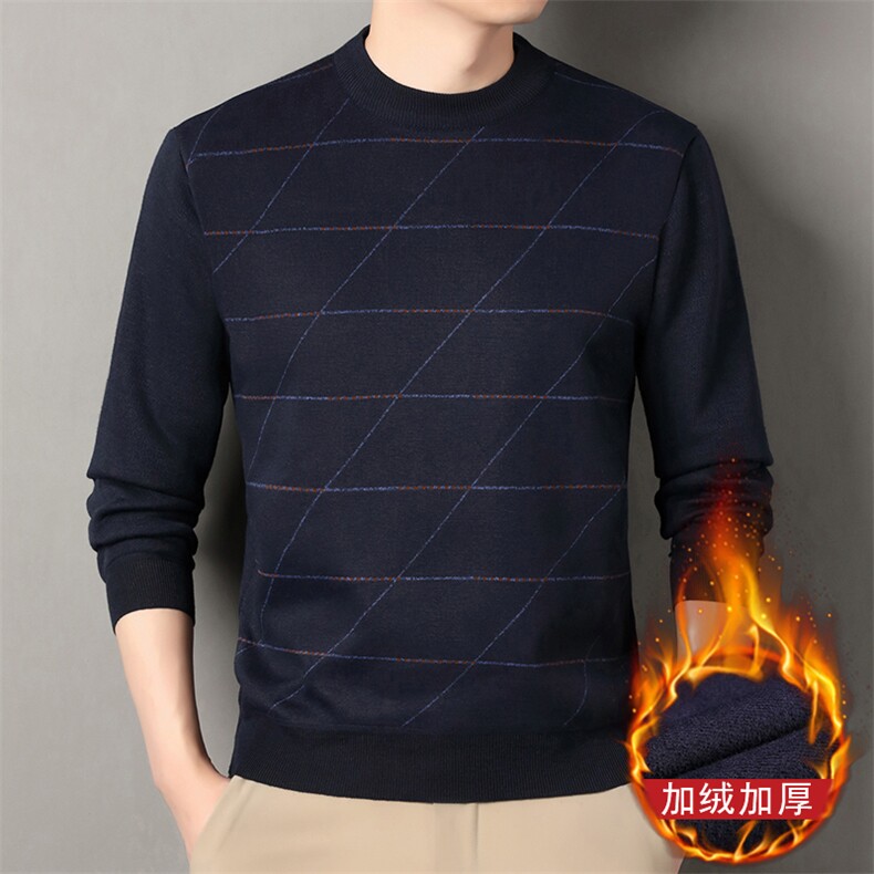 秋冬男士毛衣老年人加绒加厚休闲圆领保暖针织衫中年爸爸装W12P22图片