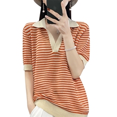 24夏季薄款精纺羊毛衫T恤女宽松POLO领条纹短袖百搭针织半袖上衣，女装T恤，忠诺羊绒