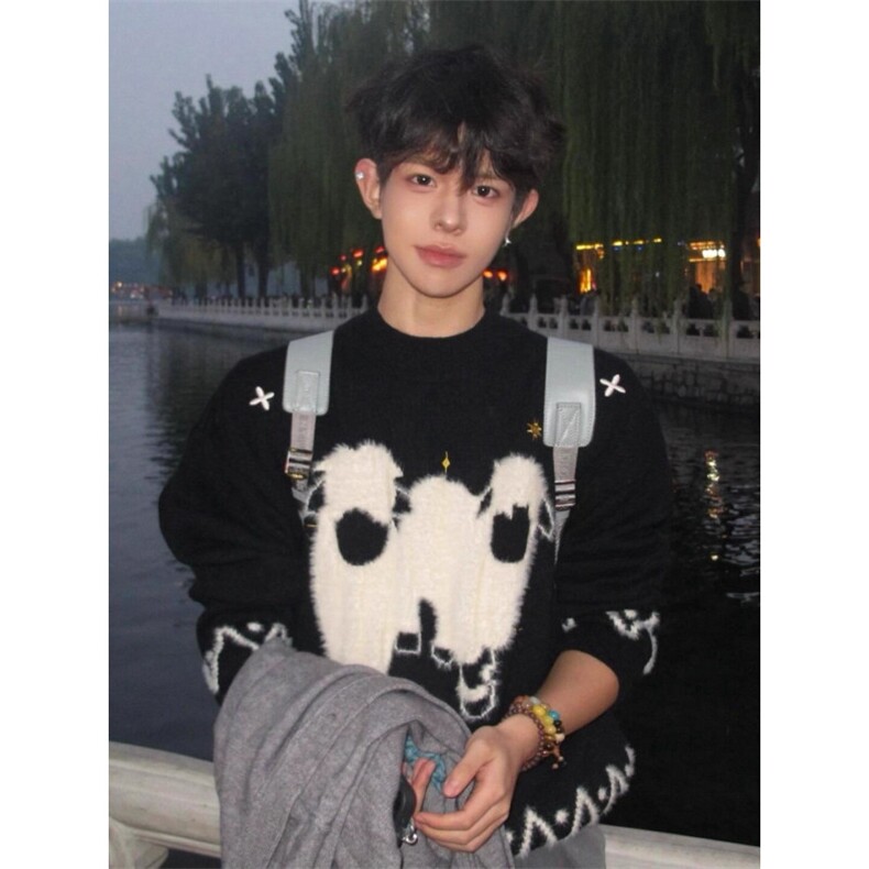 少年感小羊提花毛衣男款秋冬cleanfit绒感内搭上衣条纹加厚针织衫,男装针织衫/毛衣,星座601-1