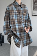 衬衫男秋季新款港风宽松磨毛格子长袖衬衣CS618-P38，男装衬衫，星座214-3