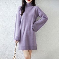 2025百搭时尚简约中长高领喇叭袖羊毛衫连衣裙，女装连衣裙，越洋羊