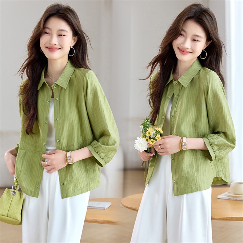 天丝翻领衬衫外套女2026夏季新款休闲宽松防晒薄款七分袖衬衣开衫，女装衬衫，简韵佳