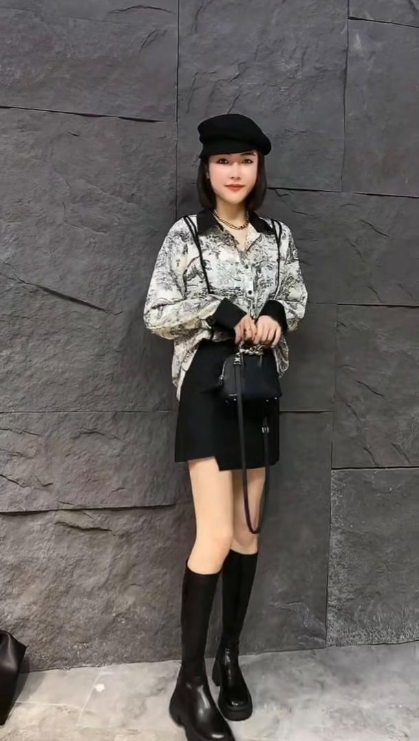 2022秋季新款韩版修身休闲潮百搭水墨画衬衫,女装衬衫,L·H·X