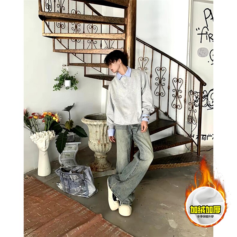 重磅加绒硬挺boxy男女美式高街假两件衬衫领长袖卫衣POLO领打底衫,男装T恤,电商A486-1