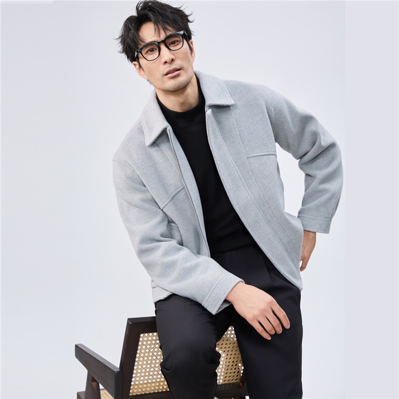 双拉链毛呢夹克外套秋冬短款呢子大衣宽松妮子风A236-JK610-P145，男装毛呢大衣，电商A236