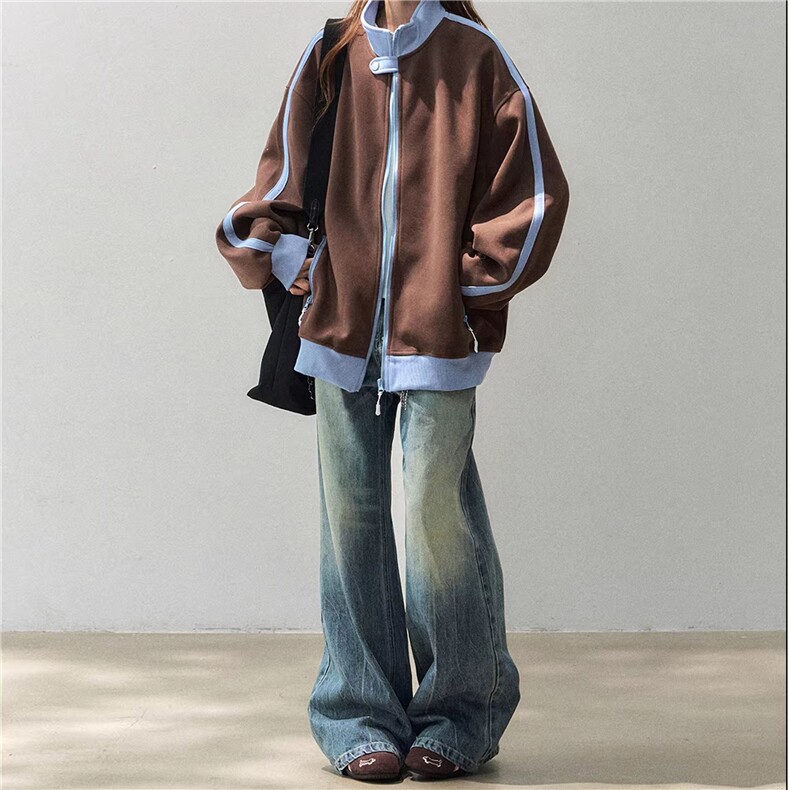 WY841-P65-450克美式慵懒chic新款复古撞色运动休闲立领卫衣外套,女装短外套,星座1811B