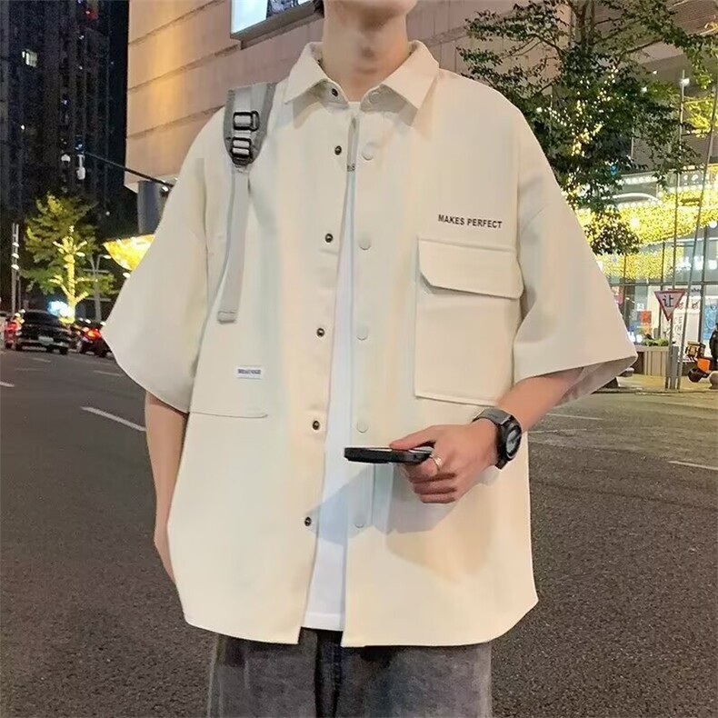 高级感工装衬衫男短袖夏半袖衬衣男青年港风宽松百搭上衣LS34P37，男装T恤，星座1013-5