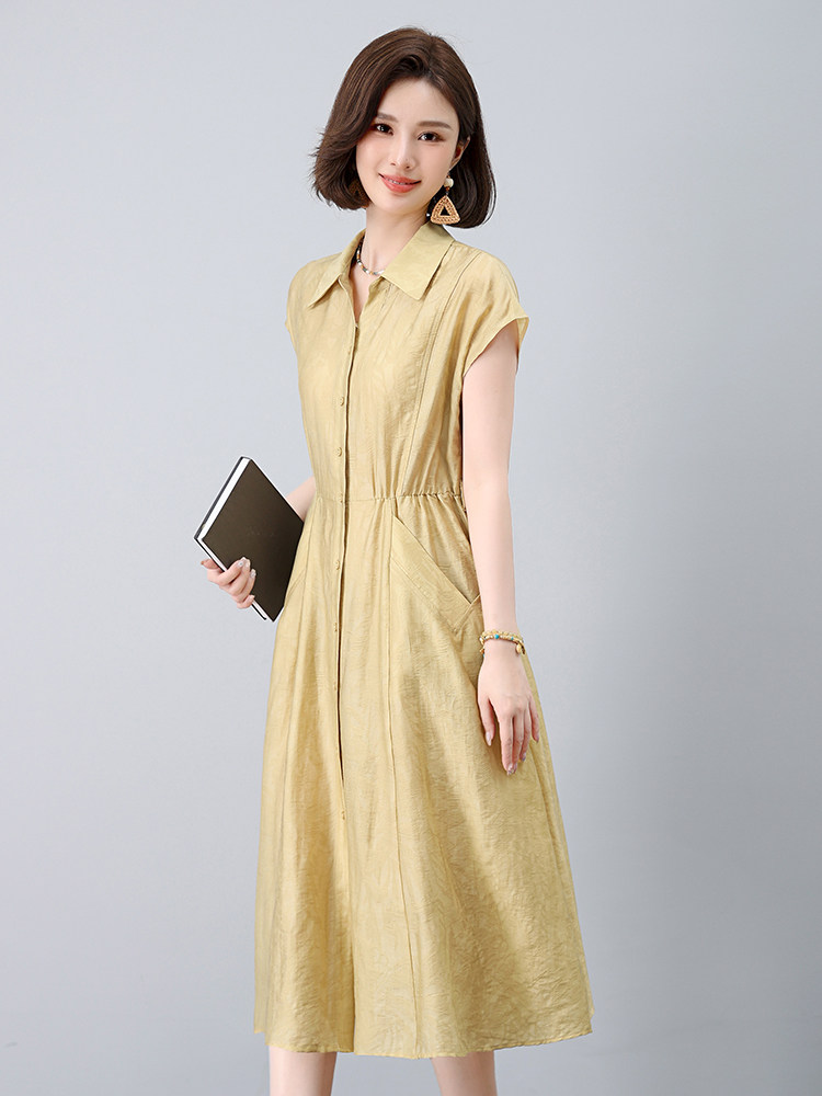 翻领单排扣亚麻连衣裙夏季新款中年妈妈修身显瘦暗纹提花裙子,女装连衣裙,曼沙奕珂