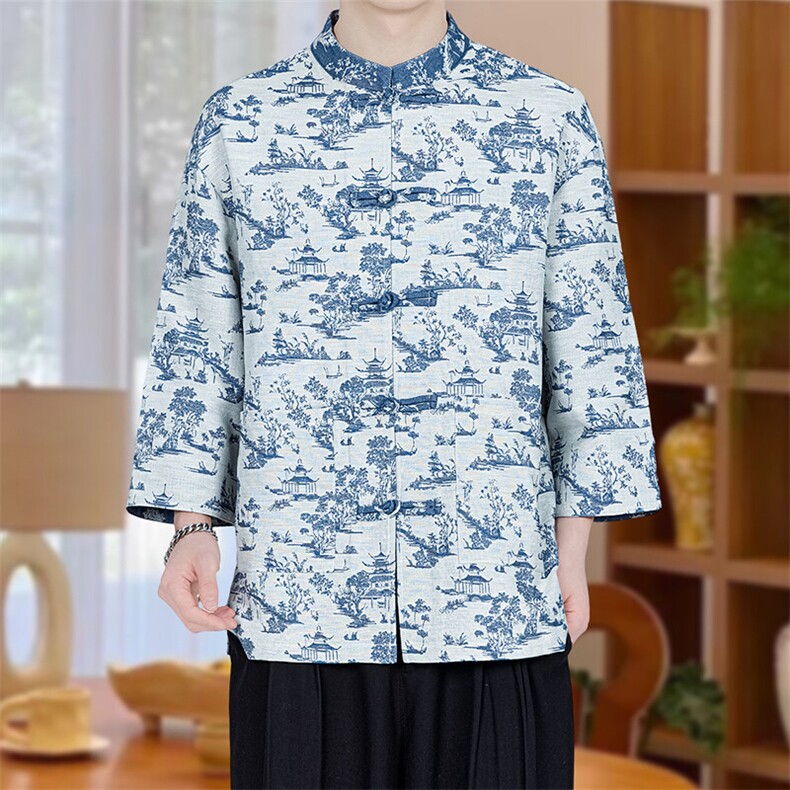 新中式2025春夏新款大码立领盘扣七分袖衬衫开衫A021-KS518-P75,男装衬衫,电商A021