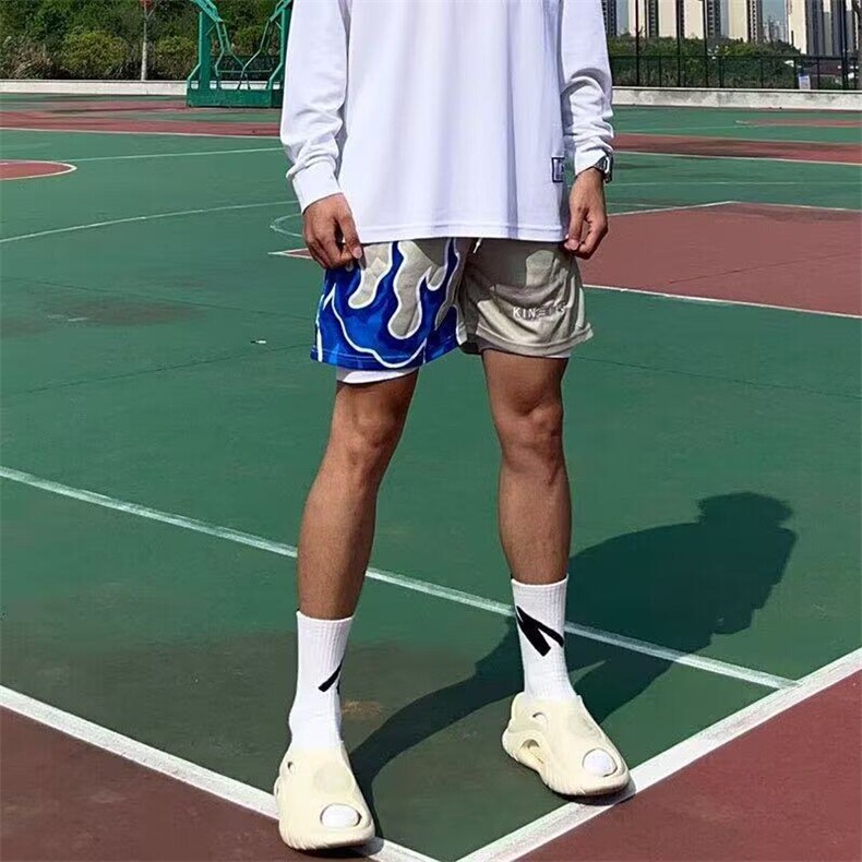 夏季火焰美式篮球短裤运动休闲不过膝黑色速干宽松训练系带四分裤,男装牛仔裤,星座506A