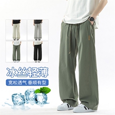【现货】夏季新款冰丝休闲裤薄款宽松拼接港风松紧腰长裤1667-P40，男装休闲裤，星座1006
