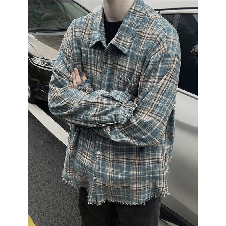 B221！美式ins高街暗黑小众毛边格子衬衫SY2320-P65控88,男装衬衫,电商B221