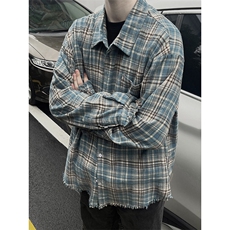 B221！美式ins高街暗黑小众毛边格子衬衫SY2320-P65控88，男装衬衫，电商B221