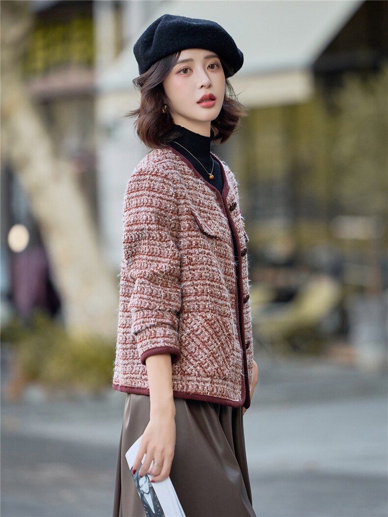小香风外套女2025秋冬新款独特漂亮超好看韩系短款棕色羊毛呢夹克,女装短外套,依路服饰