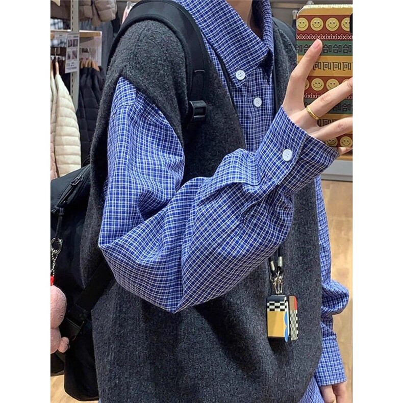 少年感蓝色格子衬衫叠穿内搭日系复古上衣长袖打底衬衣外套男女款,男装T恤,星座506A