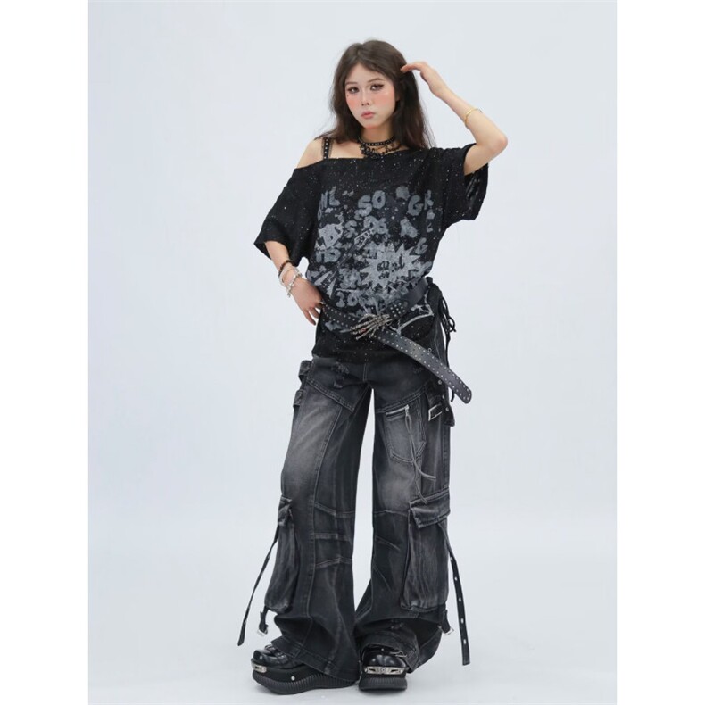 工装牛仔裤女2026新款解构重工辣妹设计感宽松阔腿裤潮RK3089-P78,男装牛仔裤,星座412-3