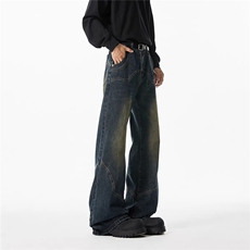 美式复古蓝解构弯刀牛仔裤男高街新款宽松设计感潮牌直筒微喇长裤，男装牛仔裤，星座813-2