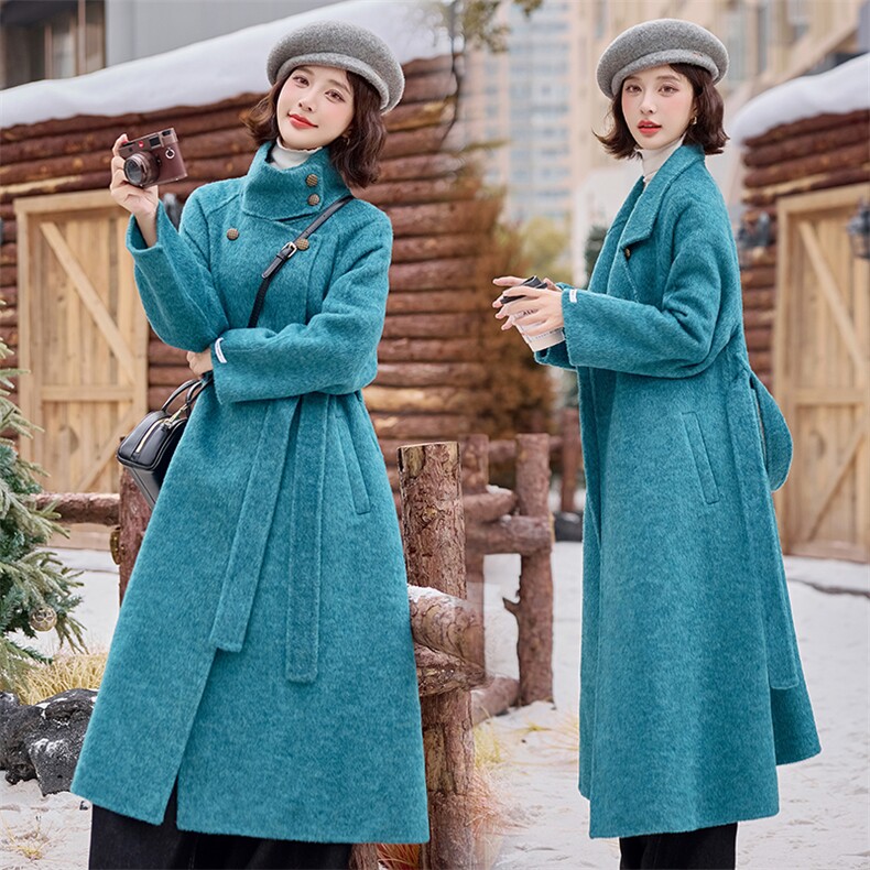 蓝色立领收腰高端双面羊毛大衣女2025秋冬新款中长款气质毛呢外套，女装双面呢大衣，丝露怡语