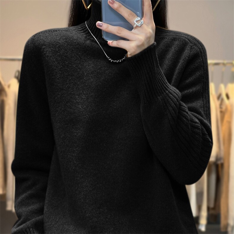 重磅加厚100羊毛衫女宽松套头时尚针织毛衣半高领打底冬装，女装羊毛衫，奢优羊绒
