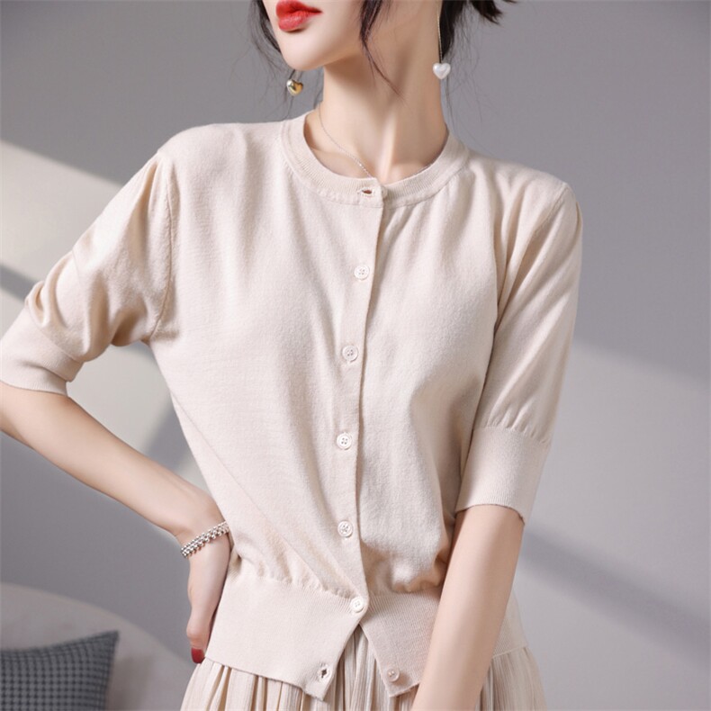 法式冰丝针织五分袖开衫女2025新款半袖薄款高腰短款配裙子小外套，女装针织衫/毛衣，佰旭羊绒