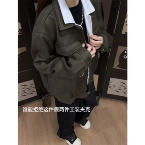 现货水洗麂皮假两件老钱风艾克夹克