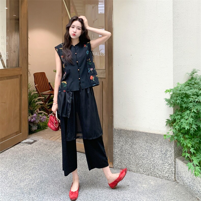 黑色法式复古温柔风印花无袖上衣套装女2025夏季新款阔腿裤两件套图片