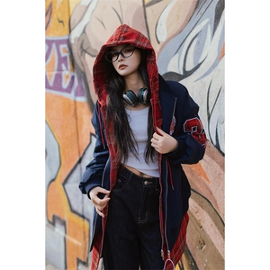 刺绣潮牌棉服外套复古格子假两件连帽冬季加厚保暖棉衣 JY66图片