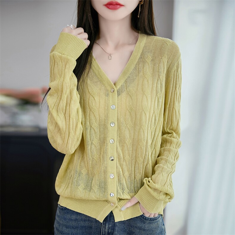 夏季薄款天丝亚麻V领针织开衫防晒衣女长袖毛衣外套宽松休闲通勤，女装蕾丝衫/雪纺衫，东远绒业