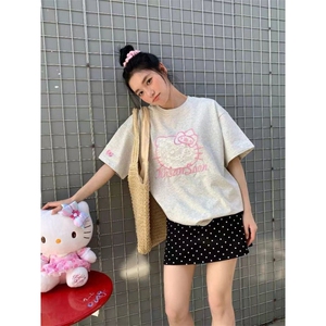 H0618-P35贴布刺绣甜美绣花蕾丝猫咪短袖T恤女宽松图片