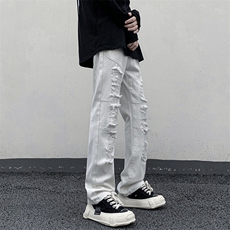 B221美式ins高街小众重工艺假破洞小脚牛仔裤LK23019-P60控78，男装牛仔裤，电商B221