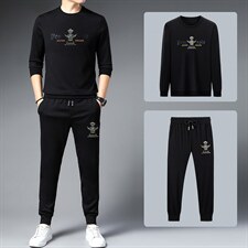春秋季新款商务休闲套装圆领长袖T恤衫中青年男士潮流长裤两件套，男装休闲套装，电商B212（原钱塘6029）