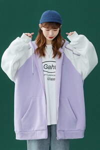 中性 秋季潮流拼接撞色宽松连帽开衫卫衣 B100  P55控78加绒P65图片