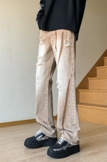B221美式ins高街小众情侣款破洞微喇牛仔裤LK23001-P65控88，男装牛仔裤，电商B221