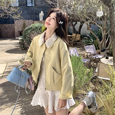 2026春蕾丝花边领黄色皮衣外套（大货已出）2C375-609-P165-K258，女装短外套，2C375