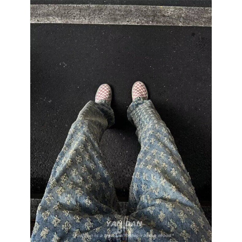 欧美高街hiphop裤子潮牌痞帅炸街提花满印牛仔裤微喇N176-P45,男装牛仔裤,星座1001-1
