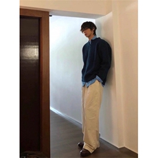 蓝色日系v领麻花毛衣男冬季美式慵懒风打底衫设计感加厚针织外套，男装T恤，星座506A