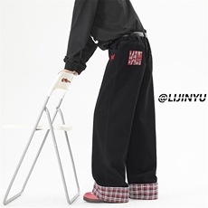 潮流复古格子牛仔裤阔腿百搭时尚设计感长裤K882特批5089，男装牛仔裤，星座718-1