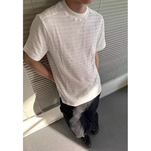 肌理混纺提花短袖t恤男黑色高级感痞帅修身圆领半袖男T332,黑色长发穿搭图片