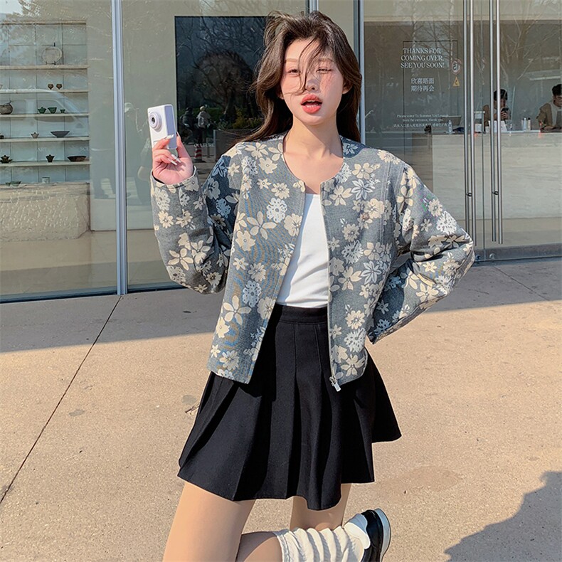 独特别致蕾丝飘带碎花外套女2025春季新款韩系休闲小个子短款上衣,女装短外套,2C098